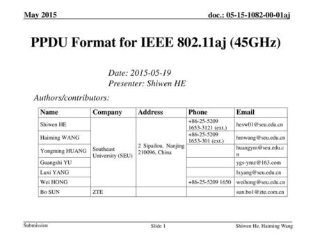 PPDU Format for IEEE aj (45GHz)