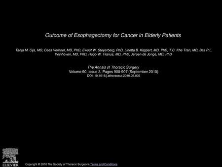 Outcome of Esophagectomy for Cancer in Elderly Patients