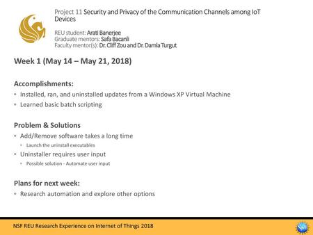 Week 1 (May 14 – May 21, 2018) Accomplishments: Problem & Solutions