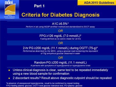 Part 1 This slide reviews criteria for diabetes diagnosis from the 2015 ADA guidelines. Refer to source document for full recommendations, including level.