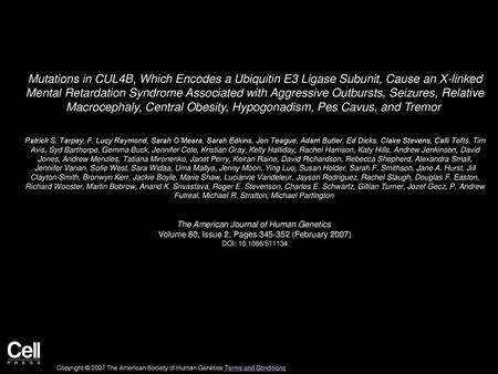 Mutations in CUL4B, Which Encodes a Ubiquitin E3 Ligase Subunit, Cause an X-linked Mental Retardation Syndrome Associated with Aggressive Outbursts, Seizures,