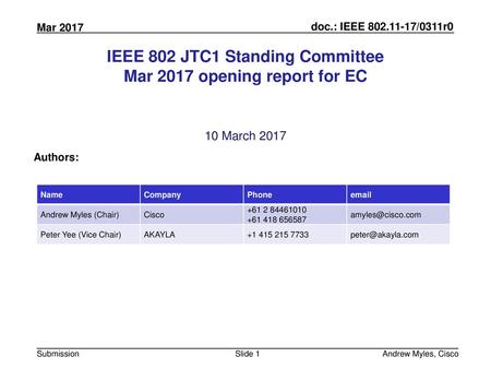 IEEE 802 JTC1 Standing Committee Mar 2017 opening report for EC