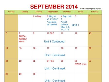 SEPTEMBER 2014 Unit 1 Unit 1 Continued Unit 1 Continued