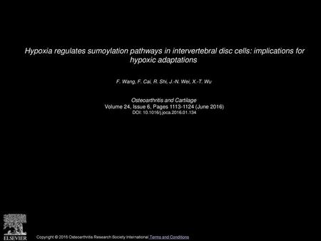 Hypoxia regulates sumoylation pathways in intervertebral disc cells: implications for hypoxic adaptations  F. Wang, F. Cai, R. Shi, J.-N. Wei, X.-T. Wu 