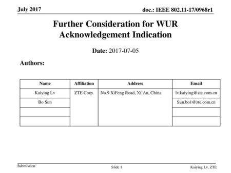 Further Consideration for WUR Acknowledgement Indication