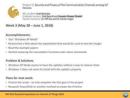 Week 3 (May 28 – June 1, 2018) Accomplishments: Problem & Solutions