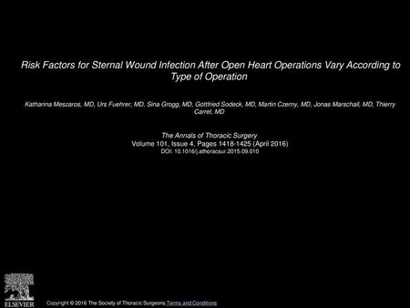 Risk Factors for Sternal Wound Infection After Open Heart Operations Vary According to Type of Operation  Katharina Meszaros, MD, Urs Fuehrer, MD, Sina.