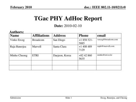 TGac PHY AdHoc Report Date: Authors: February 2010