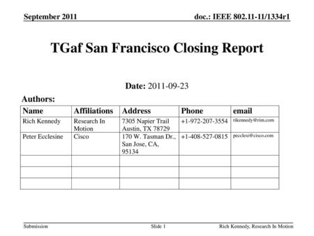 TGaf San Francisco Closing Report