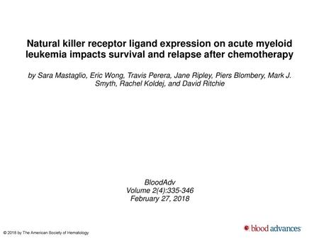 Natural killer receptor ligand expression on acute myeloid leukemia impacts survival and relapse after chemotherapy by Sara Mastaglio, Eric Wong, Travis.