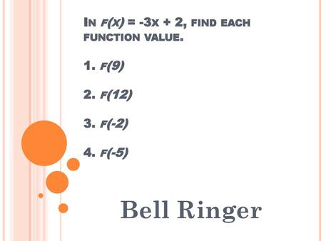 In f(x) = -3x + 2, find each function value. 1. f(9) 2. f(12) 3