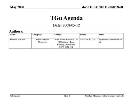 TGu Agenda Date: Authors: May 2008 May 2008