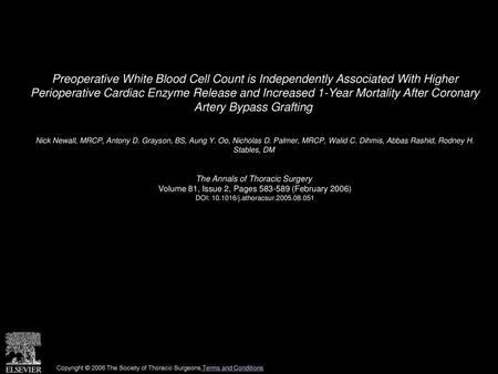 Preoperative White Blood Cell Count is Independently Associated With Higher Perioperative Cardiac Enzyme Release and Increased 1-Year Mortality After.