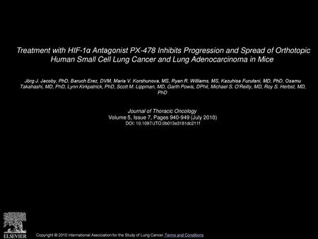 Treatment with HIF-1α Antagonist PX-478 Inhibits Progression and Spread of Orthotopic Human Small Cell Lung Cancer and Lung Adenocarcinoma in Mice  Jörg.