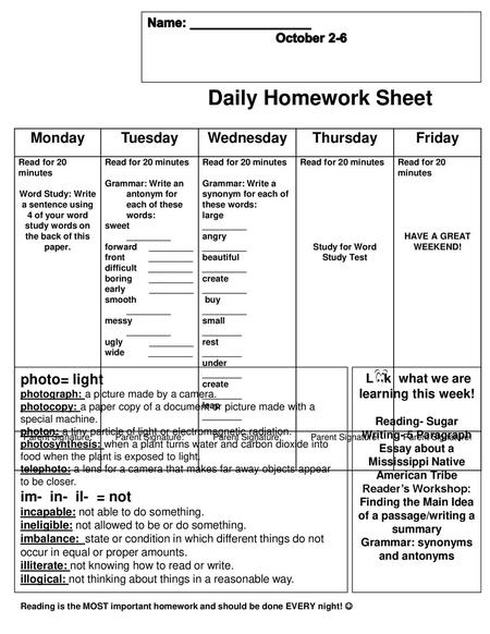 Daily Homework Sheet Monday Tuesday Wednesday Thursday Friday