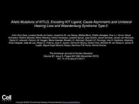 Allelic Mutations of KITLG, Encoding KIT Ligand, Cause Asymmetric and Unilateral Hearing Loss and Waardenburg Syndrome Type 2  Celia Zazo Seco, Luciana.