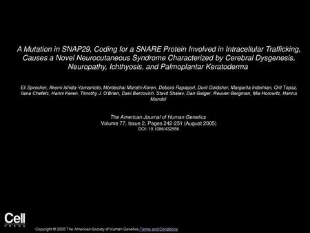 A Mutation in SNAP29, Coding for a SNARE Protein Involved in Intracellular Trafficking, Causes a Novel Neurocutaneous Syndrome Characterized by Cerebral.