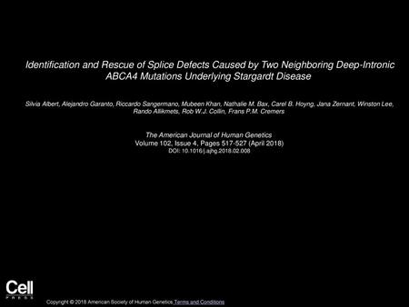 Identification and Rescue of Splice Defects Caused by Two Neighboring Deep-Intronic ABCA4 Mutations Underlying Stargardt Disease  Silvia Albert, Alejandro.