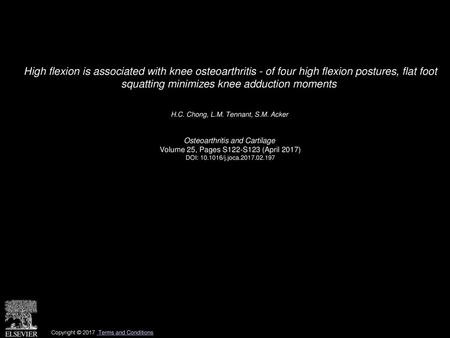 High flexion is associated with knee osteoarthritis - of four high flexion postures, flat foot squatting minimizes knee adduction moments  H.C. Chong,