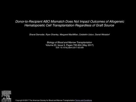 Donor-to-Recipient ABO Mismatch Does Not Impact Outcomes of Allogeneic Hematopoietic Cell Transplantation Regardless of Graft Source  Sharat Damodar,