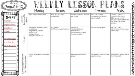 August 6-10 Monday Tuesday Wednesday Thursday Friday Lesson