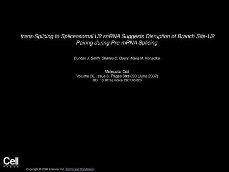 Trans-Splicing to Spliceosomal U2 snRNA Suggests Disruption of Branch Site-U2 Pairing during Pre-mRNA Splicing  Duncan J. Smith, Charles C. Query, Maria.