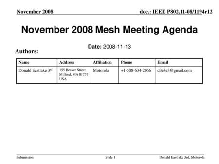 November 2008 Mesh Meeting Agenda