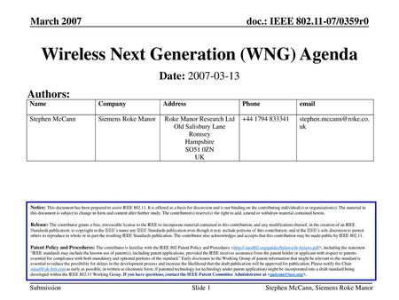 Wireless Next Generation (WNG) Agenda