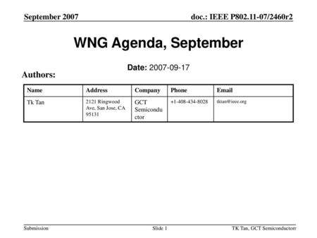 WNG Agenda, September Authors: September 2007 Date: