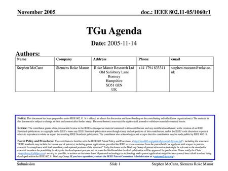 TGu Agenda Date: Authors: November 2005 November 2005