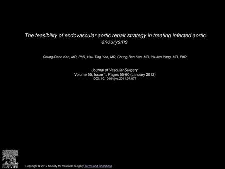 The feasibility of endovascular aortic repair strategy in treating infected aortic aneurysms  Chung-Dann Kan, MD, PhD, Hsu-Ting Yen, MD, Chung-Ben Kan,