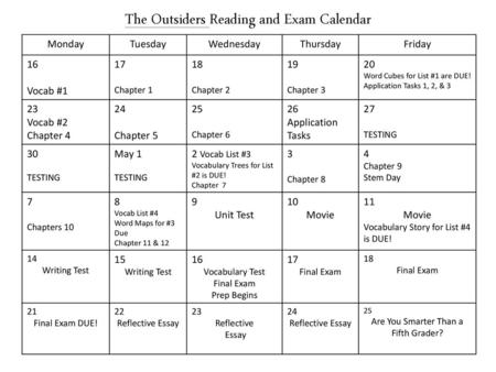 The Outsiders Reading and Exam Calendar