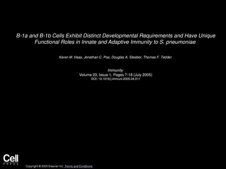 B-1a and B-1b Cells Exhibit Distinct Developmental Requirements and Have Unique Functional Roles in Innate and Adaptive Immunity to S. pneumoniae  Karen.