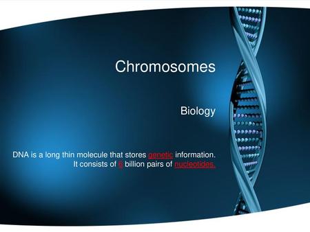 Chromosomes Biology DNA is a long thin molecule that stores genetic information. It consists of 6 billion pairs of nucleotides.