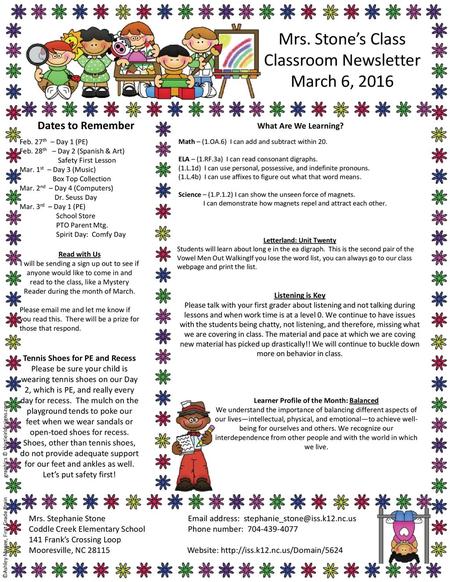 Mrs. Stone’s Class Classroom Newsletter March 6, 2016