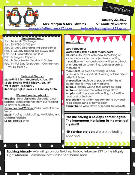 Mrs. Morgan & Mrs. Edwards 5th Grade Newsletter