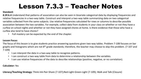 Lesson – Teacher Notes Standard: