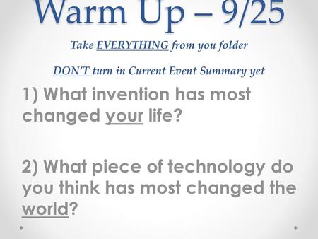 1) What invention has most changed your life