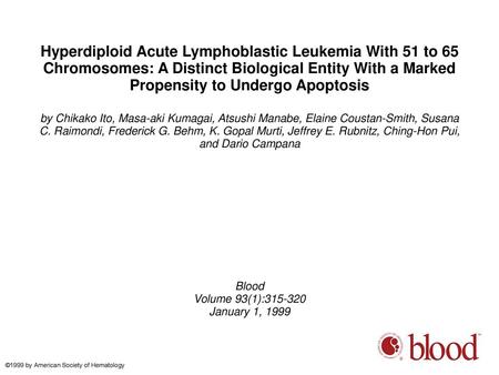 Hyperdiploid Acute Lymphoblastic Leukemia With 51 to 65 Chromosomes: A Distinct Biological Entity With a Marked Propensity to Undergo Apoptosis by Chikako.