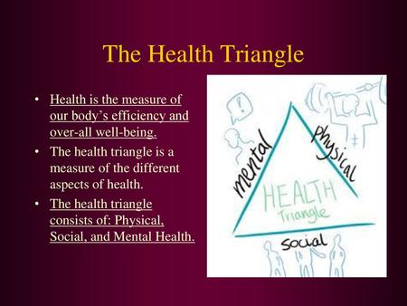 The Health Triangle Health is the measure of our body’s efficiency and over-all well-being. The health triangle is a measure of the different aspects of.