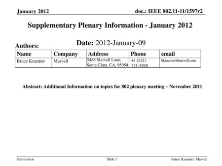 Supplementary Plenary Information - January 2012