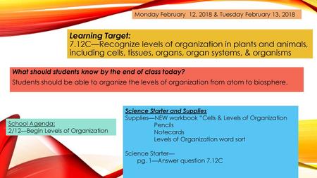 Monday February  12, 2018 & Tuesday February 13, 2018