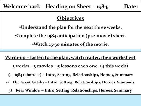 Welcome back Heading on Sheet – 1984, Date: Objectives