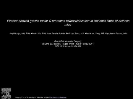 Platelet-derived growth factor C promotes revascularization in ischemic limbs of diabetic mice  Junji Moriya, MD, PhD, Xiumin Wu, PhD, Jose Zavala-Solorio,