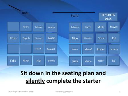 Sit down in the seating plan and silently complete the starter