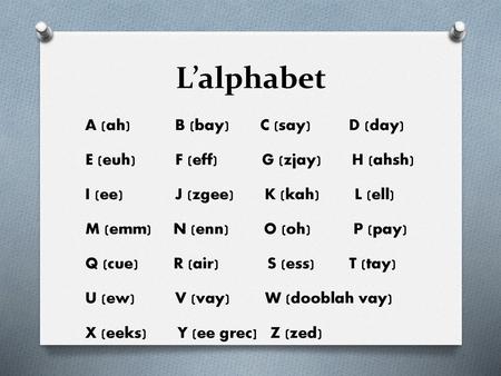 L’alphabet A (ah) B (bay) C (say) D (day) E (euh) F (eff) G (zjay) H (ahsh) I (ee) J (zgee) K (kah) L (ell) M (emm) N (enn) O (oh) P (pay) Q (cue) R (air)