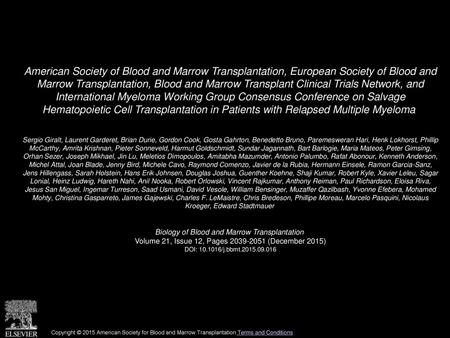 American Society of Blood and Marrow Transplantation, European Society of Blood and Marrow Transplantation, Blood and Marrow Transplant Clinical Trials.