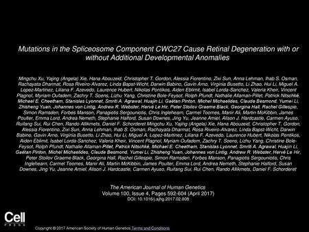 Mutations in the Spliceosome Component CWC27 Cause Retinal Degeneration with or without Additional Developmental Anomalies  Mingchu Xu, Yajing (Angela)