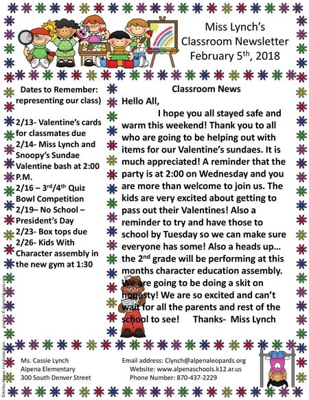 Miss Lynch’s Classroom Newsletter February 5th, 2018 Classroom News