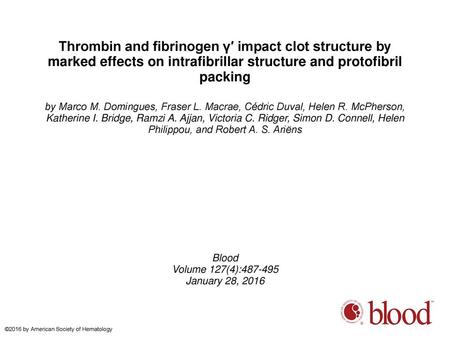 Thrombin and fibrinogen γ′ impact clot structure by marked effects on intrafibrillar structure and protofibril packing by Marco M. Domingues, Fraser L.